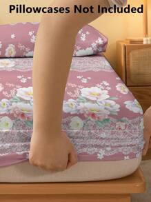 1 pieza Sábana ajustada cepillada con bordado de flores botánicas y patrón de peonía impreso, colcha impresa para dormitorio, juego de ropa de cama (la funda de almohada no está incluida)