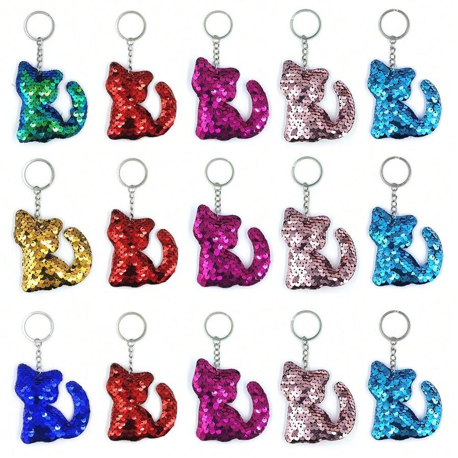 5/10pcs Random Color Cat Outee Sequin Keychain,Flip Sequin Keychain For Holiday Gifts , Party Favors Gift Back - Multicolor - View 1
