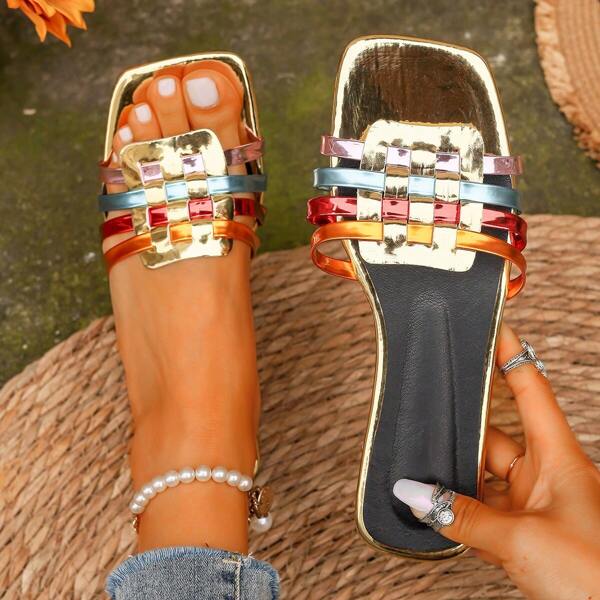 Confortable Chaussures plates pour femmes, bouts carrés, sandales pour femmes avec brides multicolores