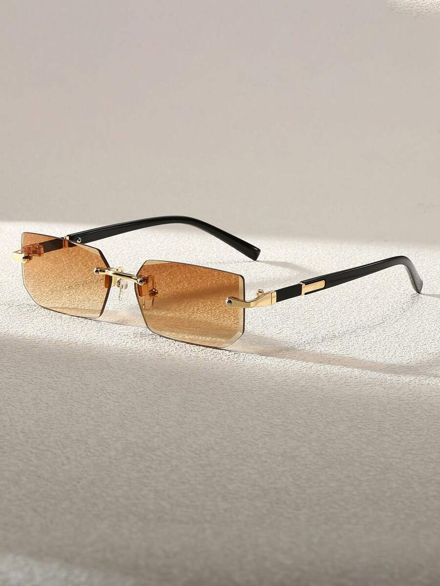 1 Pair Unisex Black Small Frame Fashion Rimless Y2K Summer Beach Driving Fashion Glasses, Beach Accessory, Street Style, Suitable For Sweaters, Jackets, Hoodies, Outdoor Activities And Travel - Champagne - View 1