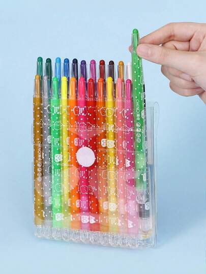 1set 36-Color Rotating Crayons, Comes With Sketchbook, Available In 24/18/12 Colors, Long & Large Capacity, Water Soluble Crayons Set, No Dirty Hands When Using, Oil Pastel, Bright Color Stick, Art Brush For Painting, Suitable For Young Students Back To School,Back To School,School Supplies