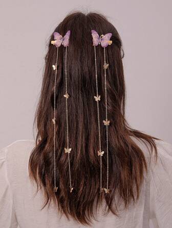 2pcs Girls' Butterfly Chain Pendant Hair Clips For Daily Decoration