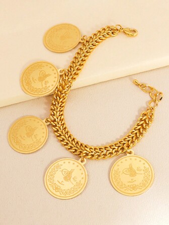 1 pieza Pulsera de monedas de oro, pulsera de doble cadena adecuada tanto para hombres como para mujeres para uso diario y en festivales