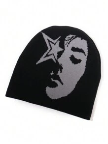 1pc Face Pattern Intarsia Knit Beanie Hat, Fashionable Y2K Vibe, Warm And Windproof