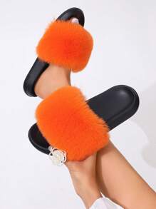 Women's Fluffy Colored Fuzzy Slippers, Solid Color, Non-Slip Soles, Summer Indoor/Outdoor Beach Fashion Slippers