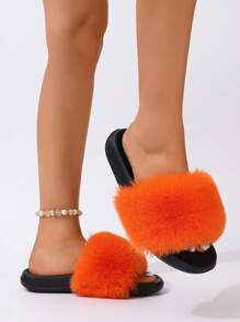 Women's Fluffy Colored Fuzzy Slippers, Solid Color, Non-Slip Soles, Summer Indoor/Outdoor Beach Fashion Slippers