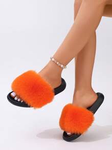 Women's Fluffy Colored Fuzzy Slippers, Solid Color, Non-Slip Soles, Summer Indoor/Outdoor Beach Fashion Slippers