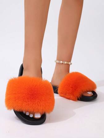 Women's Fluffy Colored Fuzzy Slippers, Solid Color, Non-Slip Soles, Summer Indoor/Outdoor Beach Fashion Slippers