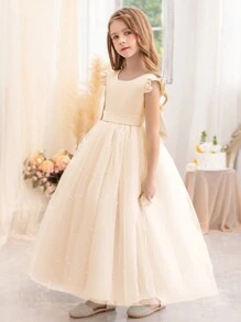 香槟色短袖手工串珠蝴蝶结女童圣诞派对优雅礼服，公主裙，适合女孩生日派对、舞会、毕业典礼、婚礼伴娘、节日庆典等场合。 - 香檳色 - 查看 10
