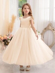 香槟色短袖手工串珠蝴蝶结女童圣诞派对优雅礼服，公主裙，适合女孩生日派对、舞会、毕业典礼、婚礼伴娘、节日庆典等场合。 - 香檳色 - 查看 8