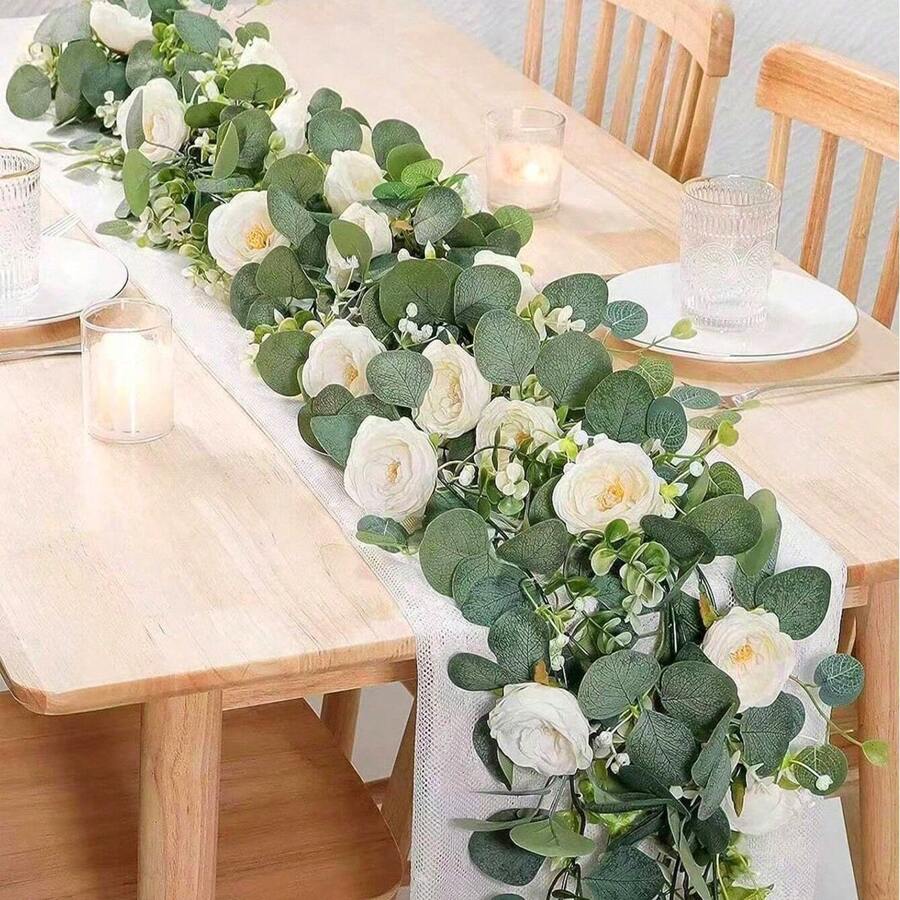 2/1 Pc, 70 Inch/5.9 Ft, Eucalyptus Leaf Table Runner, Artificial Plant, Eucalyptus Leaf & Gypsophila Wreath, Artificial Flowers, Artificial Greenery Vines, For Room Decor, Home Decor, Wall Decor, Bedroom Decor, Birthday Decor, Kitchen Decor, Gift, Office Desk Accessory, Living Room Decor, Tabletop Centerpiece, Garden Decor, Outdoor Decor, Valentine Day, Gift Gifts Graduation