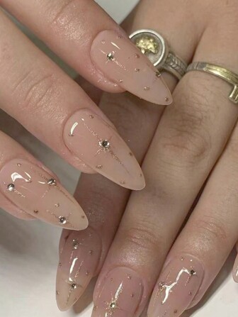 10pcs Handmade Nude Color Gold Starry Fashionable Wearable Nail Stickers Press On Nails Nail Supplies