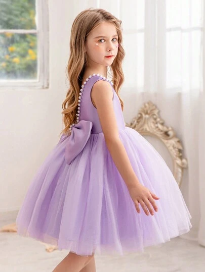 Young Girl Purple Pearl Decor Bow Back Deep V Christmas Party Princess Dress, Suitable For Girls' Birthday Party, Prom, Masquerade Ball, Festival Celebration, Flower Girl, Stage Performance