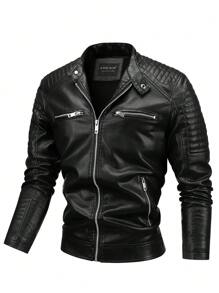 男士复古风格做旧皮夹克，翻领，修身剪裁，短款复古外观，羊毛 - 黑色 - 查看 1