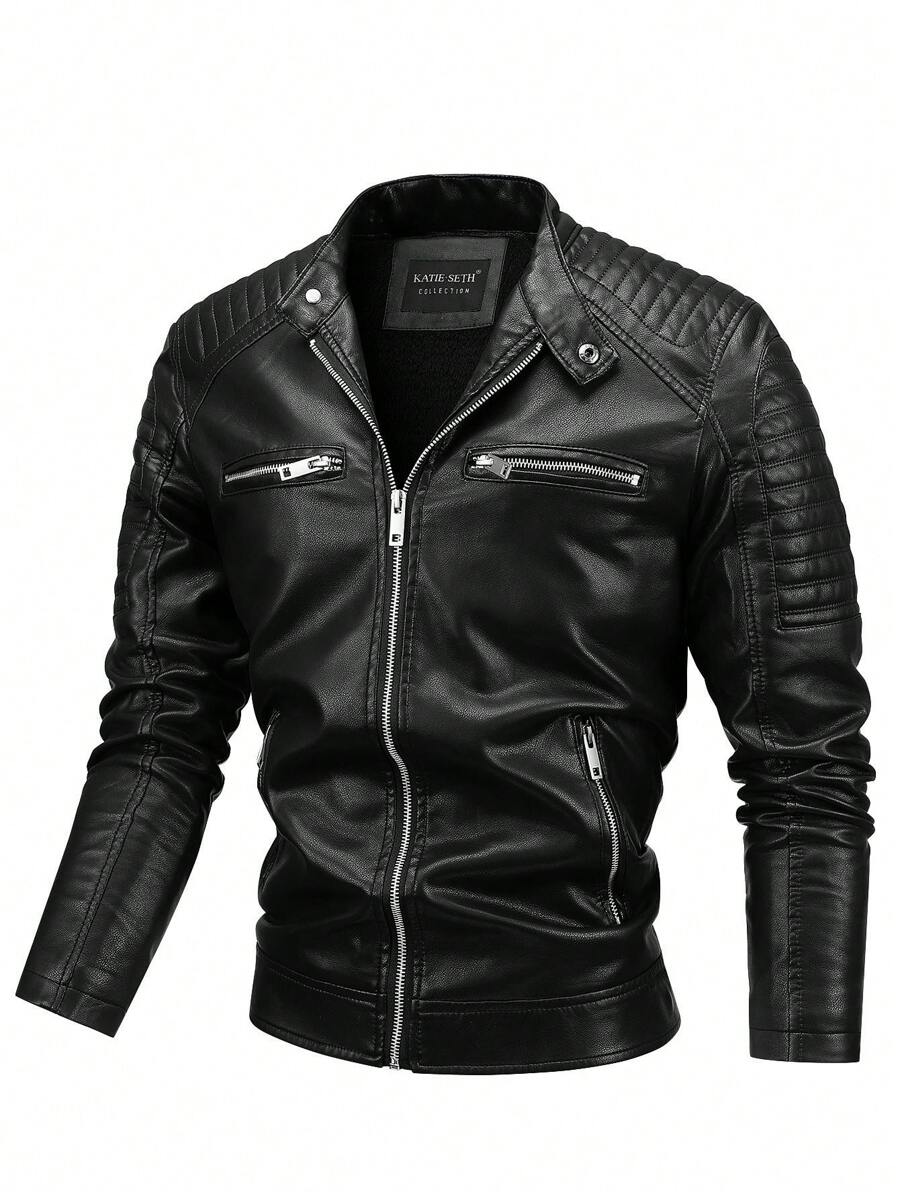 男士复古风格做旧皮夹克，翻领，修身剪裁，短款复古外观，羊毛 - 黑色 - 查看 1