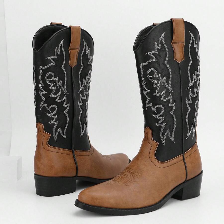 Men's Pointed Toe Retro Embroidered High-Top Fabric Boots, Fashionable Desert Western Boots - Camel+Black - View 1