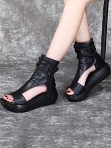 Sandalias romanas negras de moda con puntera abierta, cómodos zapatos casuales antideslizantes, sandalias femeninas de tacón inclinado y fondo grueso, adecuadas para el día a día, las vacaciones, los viajes - Negro - Ver 4