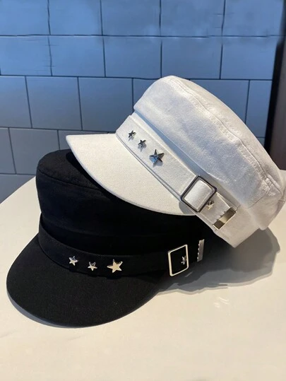 1 st kvinnor Black Star Broderi baseballkeps, vintage engelsk basker, New Navy Style, Korean Style Newsboy Hat