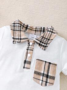 BrownBark Newborn Baby Boy Summer Cute Casual Short Sleeve Jumpsuit, Soft & Comfortable Baby Boy Infant Clothing, Plaid Texture Polo Style Short Sleeve Jumpsuit Suitable For Indoor Daily Casual Outings - White - View 3