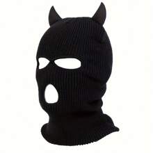 1pc Men's Knitted Horns Hat With Three Holes, Balaclava Cap, Suitable For Outdoor Activities In Spring And Autumn, Windproof And Warm Halloween Beanie Fall Outfit - Black - View 2