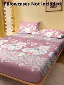 1 pieza Sábana ajustada cepillada con bordado de flores botánicas y patrón de peonía impreso, colcha impresa para dormitorio, juego de ropa de cama (la funda de almohada no está incluida)