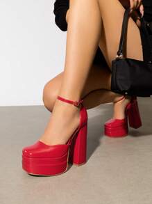 Women High Chunky Platform Closed Toe Block Heels Square Toe Ankle Strap Dress Wedding Party Festival Prom Pumps Shoes - Red - View 3