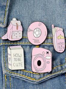 5 Styles Cute Pink Book Bag Phone Disc Camera Metal Brooch Pin, Student Gift - Multicolor - View 1