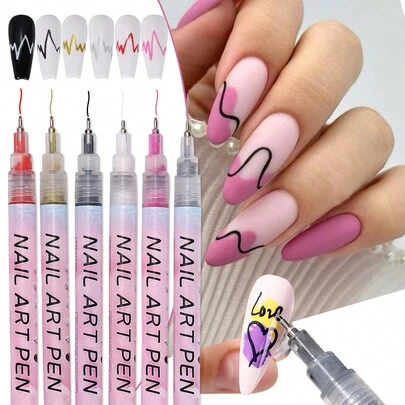 6支装美甲马克笔，金色、银色、黑色、白色、红色、粉色，可用于勾勒轮廓，DIY花卉抽象线条美甲，DIY美甲装饰用品