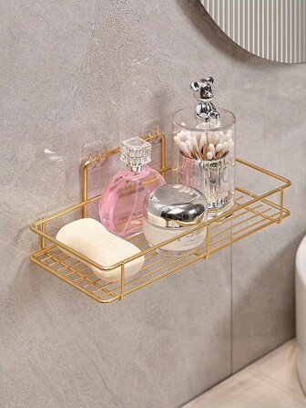 1 pieza Estante de almacenamiento para baño montado en la pared, organizador de cocina con acabado dorado, a prueba de agua, apto para el baño y la cocina en el hogar, decoración de baño de verano