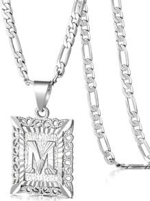 Collar con colgante de letra inicial para mujeres y hombres, collar de monograma cuadrado con capital en chapa de oro blanco de 18K con letras del alfabeto de A-Z y cadena Figaro