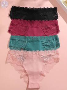 4pcs/Set Women's Solid Color Lace Trimmed Simple Comfortable Breathable Triangle Briefs - Multicolor - View 8