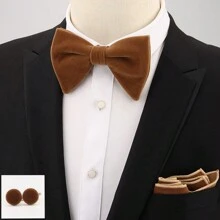 1 set Traje de boda para hombres, que incluye corbata de moño de terciopelo con forma de cuerno, pañuelo de bolsillo y gemelos para corbata de hombre
