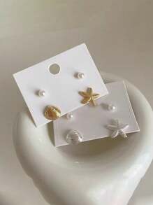 2 pares de aretes tipo pendiente con diseño de estrella de mar y concha, con perlas artificiales, diseño delicado y personalizado, casual y adecuado para verano y playa, para mujeres