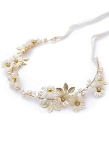 Tiara para niña de las flores, diadema dorada de princesa para boda, accesorios para cabello de boda para niños. Diadema de flores blancas con perlas adecuada para niñas, floristas y novias - Guirnalda de flores doradas - Ver 6