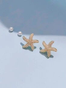 2 Pares de Pendientes con Estrella de Mar y Perla Simulada, Diseño Delicado y Único para Mujeres, Joyería Casual/de Viaje/de Playa para el Verano