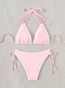 2024 New Arrival Shell Edge Women's Bikini Set, Tie Side Two-Piece Bikini Set Summer Beach - Baby Pink - View 2