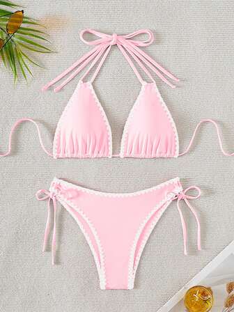 2024 New Arrival Shell Edge Women's Bikini Set, Tie Side Two-Piece Bikini Set Summer Beach