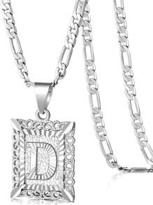Collar con colgante de letra inicial para mujeres y hombres, collar de monograma cuadrado con capital en chapa de oro blanco de 18K con letras del alfabeto de A-Z y cadena Figaro