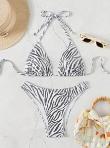 Printed Texture Fabric Triangle Bikini Set, For Summer Beach Vacation - White - View 1