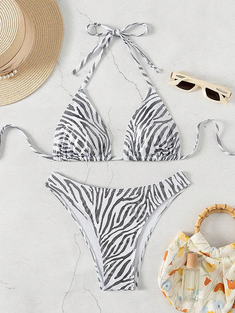 Printed Texture Fabric Triangle Bikini Set, For Summer Beach Vacation - White - View 1
