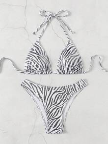 Printed Texture Fabric Triangle Bikini Set, For Summer Beach Vacation - White - View 3