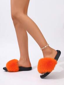 Women's Fluffy Colored Fuzzy Slippers, Solid Color, Non-Slip Soles, Summer Indoor/Outdoor Beach Fashion Slippers