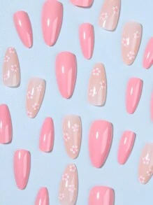 Get Glamorous With 24pcs Long Almond Pink Flower Print Fake Nail & 1pc Nail File & 1sheet Tape Press On Nails Nail Supplies
