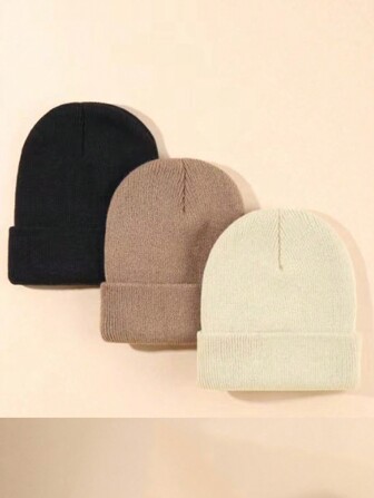 1pc/3pcs Simple Solid Color Fashion Beanie Hat, Suitable For Daily Life, Warm Outfit