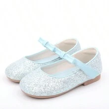 CAIWENNIAO Girls' Princess Shoes Children's Blue Leather Bowknot Shoes Flat Performance Shoes