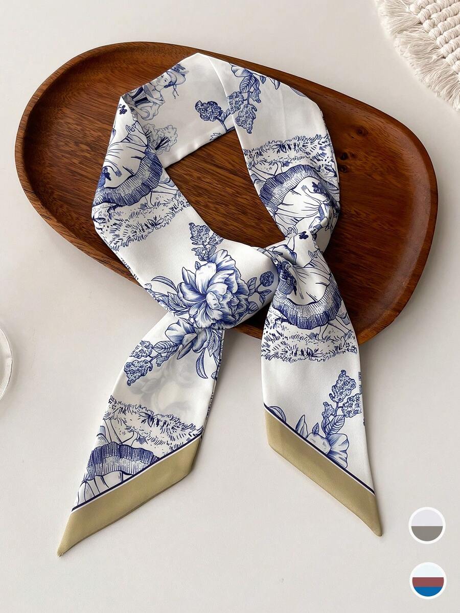 優雅女士花卉印花絲巾1條，時尚裝飾性頸巾，適用於髮帶、頭帶、領帶、手提袋裝飾 - 彩色 - 查看 1