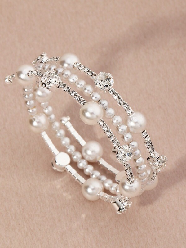 1pc Girls' Three-Row Pearl Rhinestone Bracelet For Daily Wear
