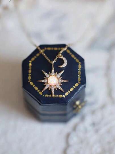 BALMORA 1pc Delicate & Minimalist & Unique Design S925 Sterling Silver Octagram & Cubic Zirconia & Opal Pendant Necklace For Women Holiday