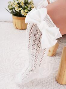 1 Paar Sommer Baby Mädchen Socken mit Schleife, Kinder lange weiße Kniestrümpfe mit Hohlmuster, Kleinkind Prinzessin Netzsocken