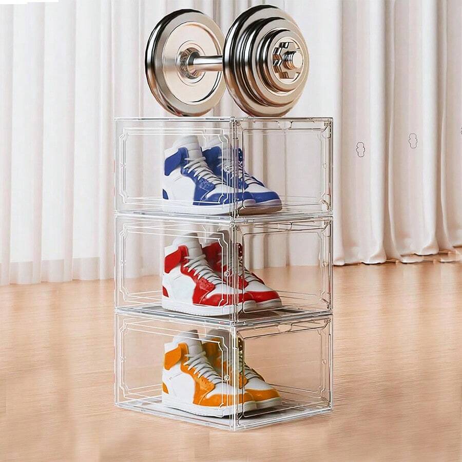 3 paquetes de cajas de almacenamiento de zapatos de plástico con puerta magnética, cajas de zapatos apilables transparentes para el armario, contenedores de zapatos para el almacenamiento y exhibición de tenis de talla 12 (EE. UU.)